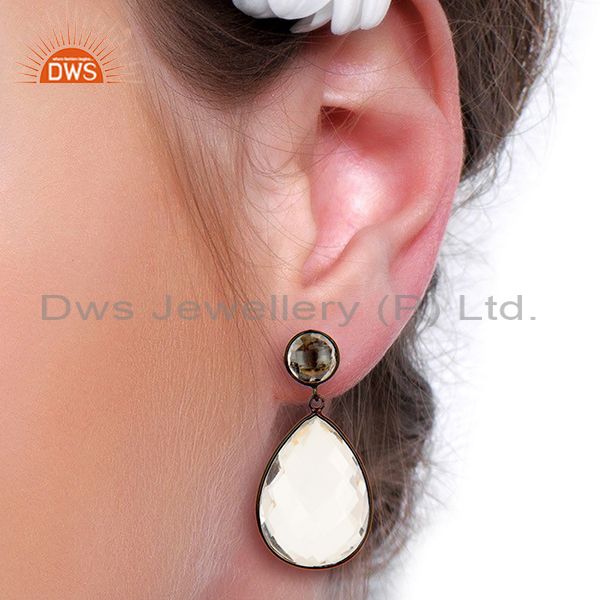 Wholesalers Crystal Quartz Stud And drop Black Rhodium Plated 92.5 Sterling Silver Earring