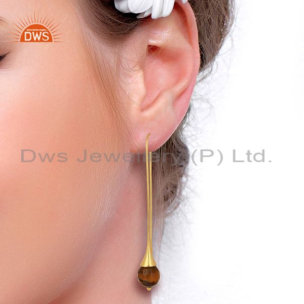 Wholesalers Tiger Eye Gemstone long Organic Ball Drop Sterling Silver Gold Plated Earring