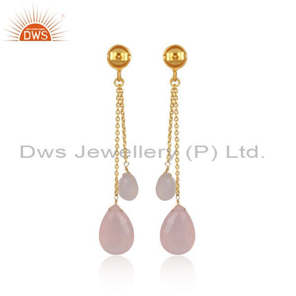 Exporter 18K Gold Plated Sterling Silver Rose Chalcedony Briolette Chain Dangle Earrings