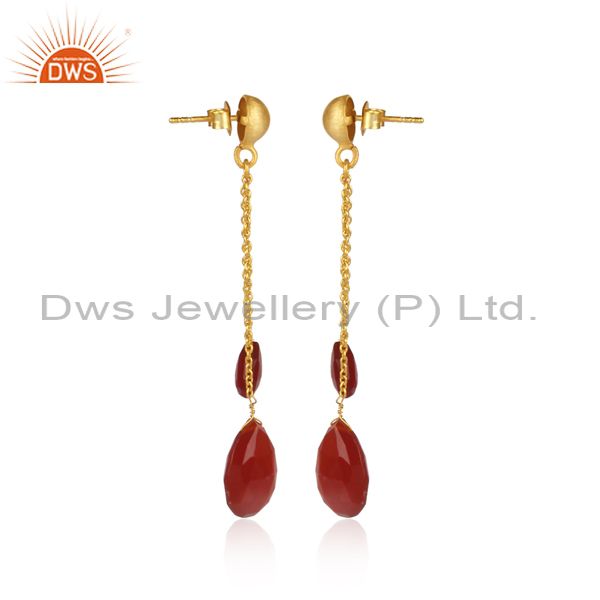 Exporter 18K Yellow Gold Plated Sterling Silver Red Onyx Briolette Chain Dangle Earrings