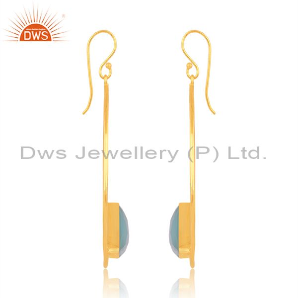 Aqua Chalcedony Set 18k Gold On Brass Round Earwire Earrings