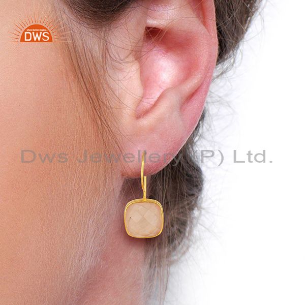 Wholesalers Rose Quartz Gemstone Yellow Gold Plated 925 Silver Earring Manufacture