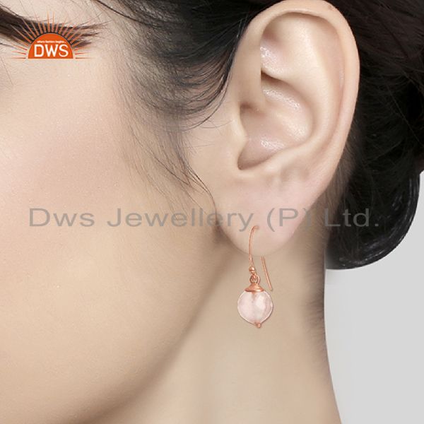 Round Rose Quartz Gemstone Rose Gold Plated Silver Earrings Wholesale Round Rose Quartz Gemstone Rose Gold Plated Silver Earrings Wholesale
