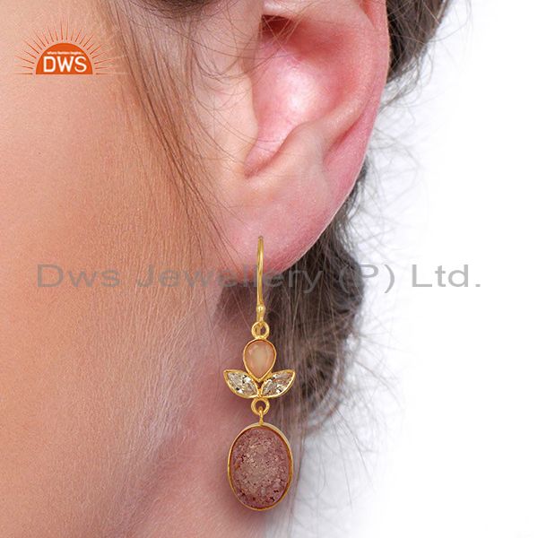 Wholesalers CZ and Pink Druzy Gemstone Gold Plated Fashion Designer Earrings