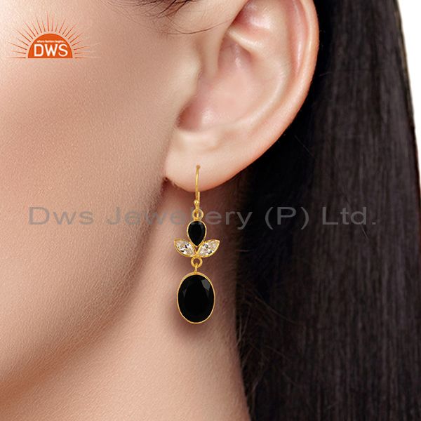 Wholesalers CZ and Black Onyx Gemstone Gold Plated Fashion Girl Earrings Supplier