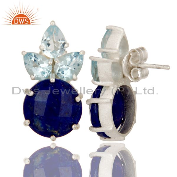Wholesalers 925 Sterling Silver Lapis Lazuli And Blue Topaz Gemstone Cluster Stud Earrings
