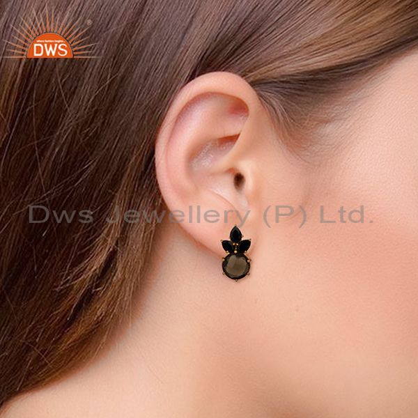 Wholesalers Smoky Quartz and Black Onyx Gemstone 925 Silver Stud Earring Wholesale