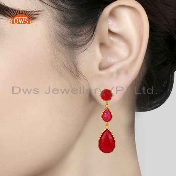 Wholesalers Red Aventurine Gemstone Gold Plated 925 Silver Dangle Earring Supplier