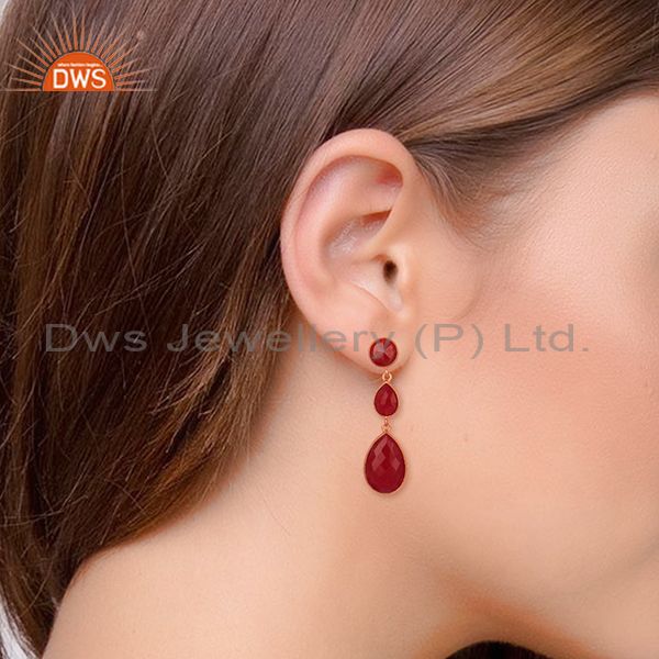 Designers 18K Rose Gold Plated Sterling Silver Faceted Ruby Gemstone Triple Drop Earrings