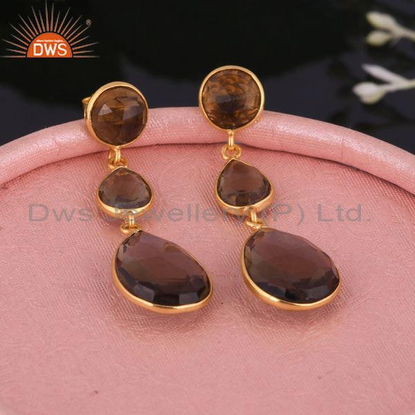 Natural Smoky Quartz Faceted Bezel Set Teardrop Earrings In Gold Plated Silver