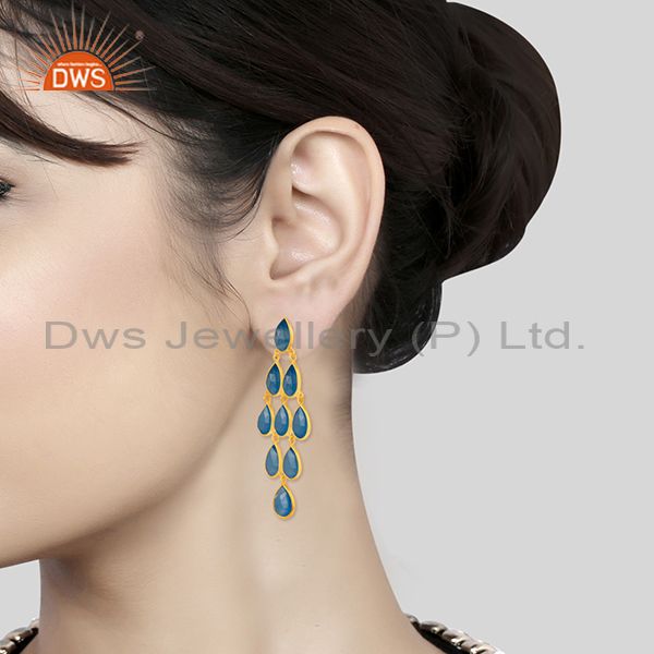 Wholesalers 925 Silver Handmade Gold Plated Blue Chalcedony Gemstone Earring Supplier