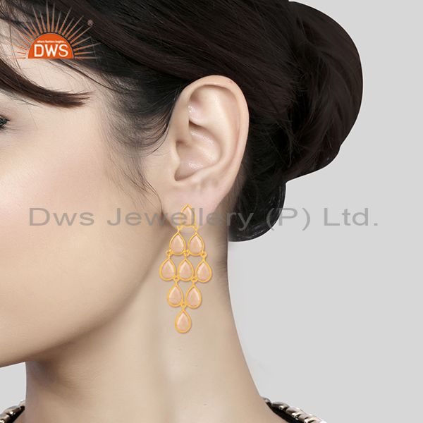 Wholesalers Handmade Gold Plated 925 Silver Rose Chalcedony Gemstone Dangle Earring Supplier