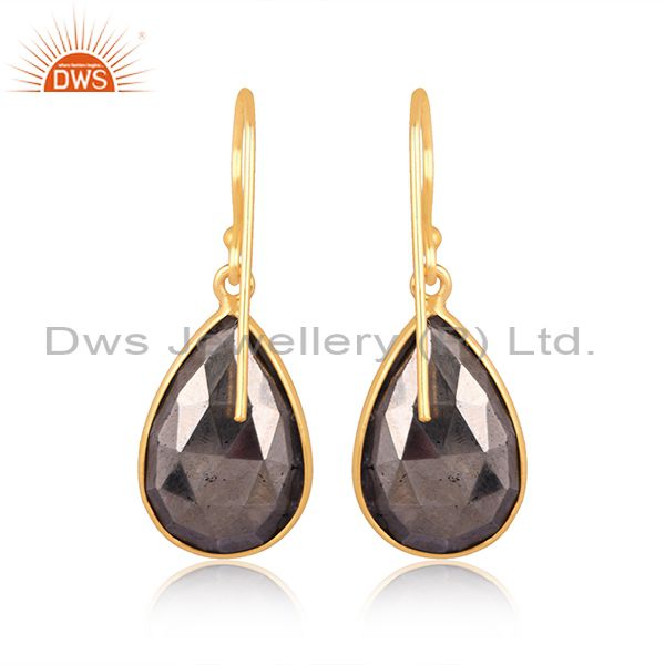 Exporter 18K Yellow Gold Plated Sterling Silver Faceted Pyrite Bezel Set Teardrop Earring