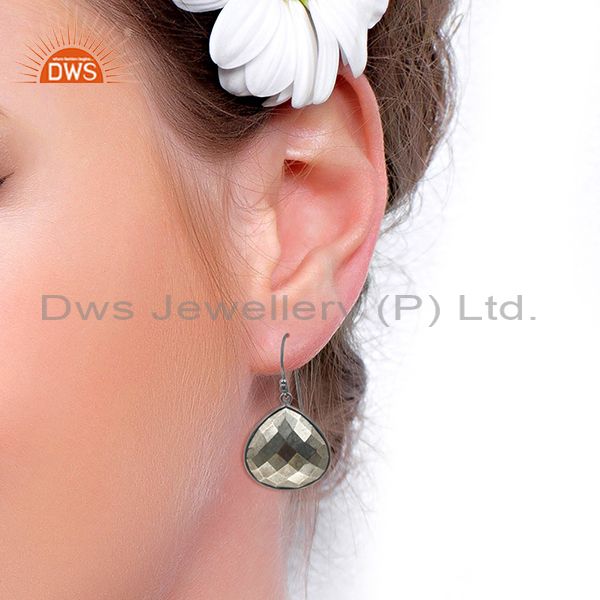 Wholesalers Oxidized Sterling Silver Faceted Golden Pyrite Bezel Set Dangle Earrings