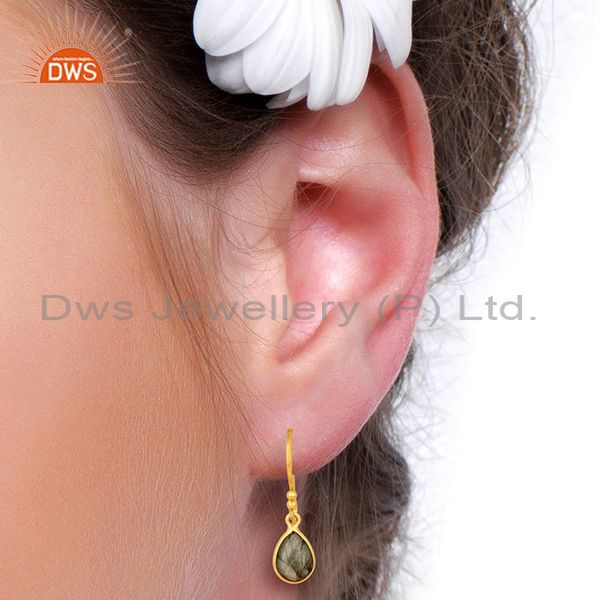 Designers 18K Yellow Gold Plated Sterling Silver Labradorite Bezel Set Teardrop Earrings