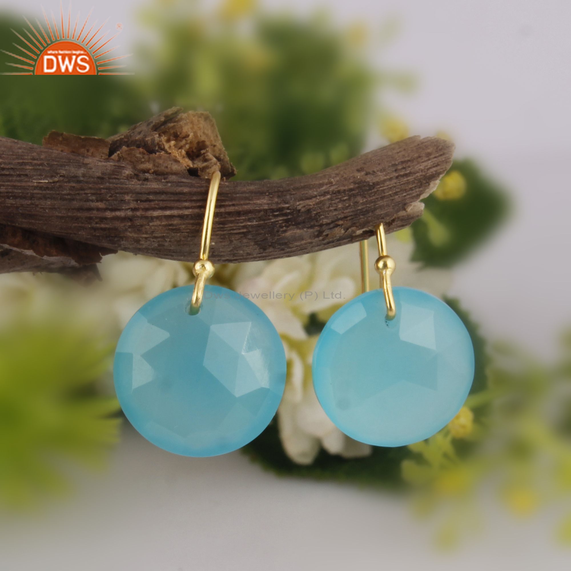 Lab-Created Aqua Blue Chalcedony Gold Plated Sterling Silver Hook Earrings