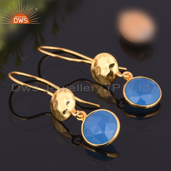 18K Yellow Gold Plated Sterling Silver Blue Chalcedony Disc Dangle Earrings