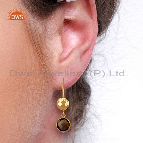 Wholesalers Smoky Quartz Gemstone Gold Plated Sterling Silver Earrings Wholesale