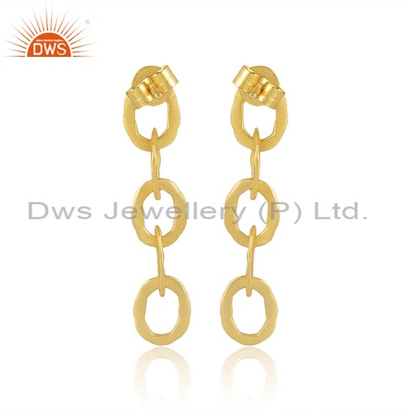 14K Yellow Gold Plated Sterling Silver Hammered Multi Link Chain Dangle Earrings