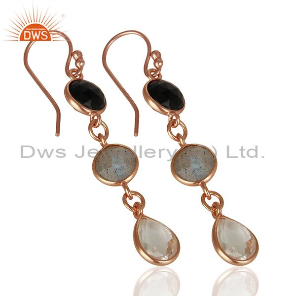Wholesalers 18K Rose Gold Plated Silver Crystal Quartz And Labradorite Dangle Earrings