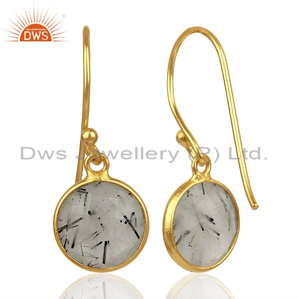 Wholesalers Black Rutile Gemstone Gold Plated Silver Earrings Jewelry Supplier