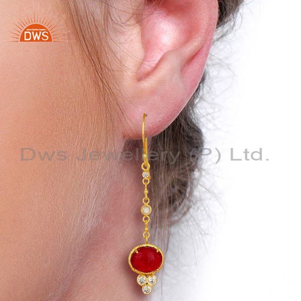 Wholesalers CZ Red Aventurine Gemstone Gold Plated Brass Earrings Supplier