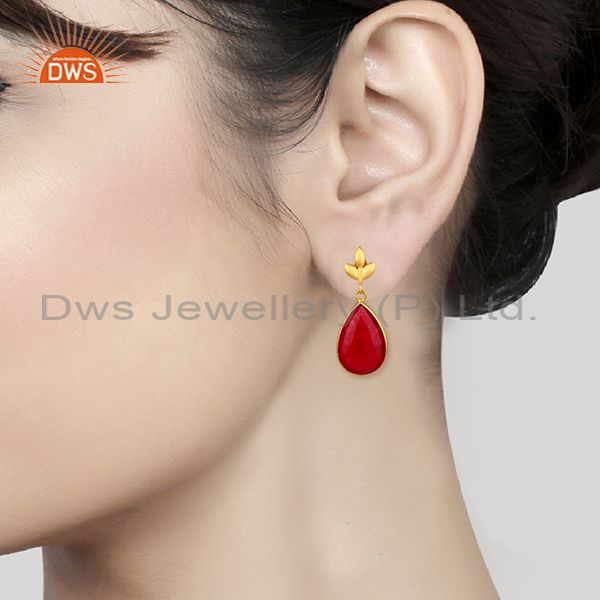 Wholesalers Red Aventurine Gemstone 925 Silver Gold Plated Girls Earrings Jewelry