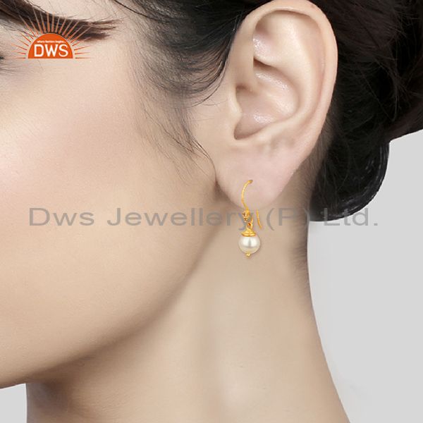 Wholesalers Natural Pearl Gemstone 925 Silver Gold Plated Girls Drop Earrings