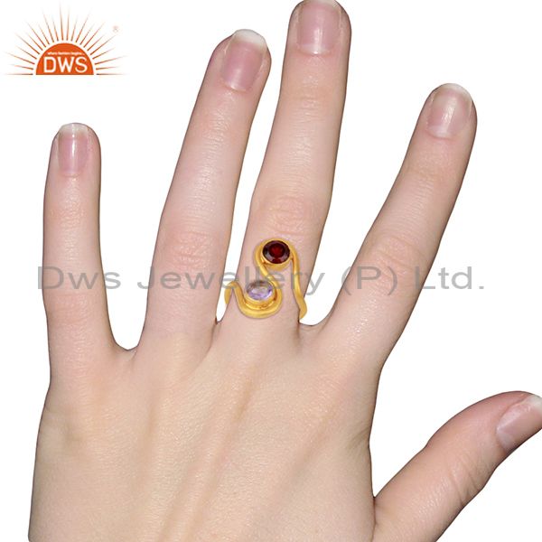 Wholesalers Amethyst and Garnet Gemstone Gold Plated Silver Fashion Ring Jewelry