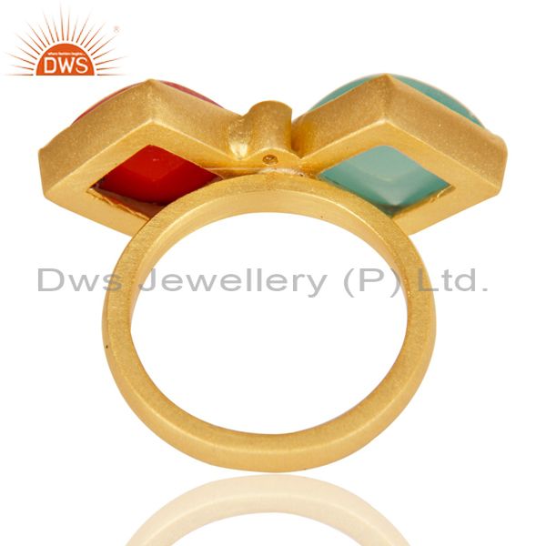 Wholesalers Handmade Red Coral And Aqua Blue Chalcedony Ring Made In 18K Gold Over Brass