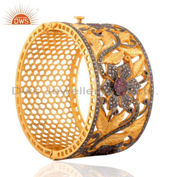 Flower designer tsavorite 18k gold 2.19ct pave diamond ruby bangle Exporter