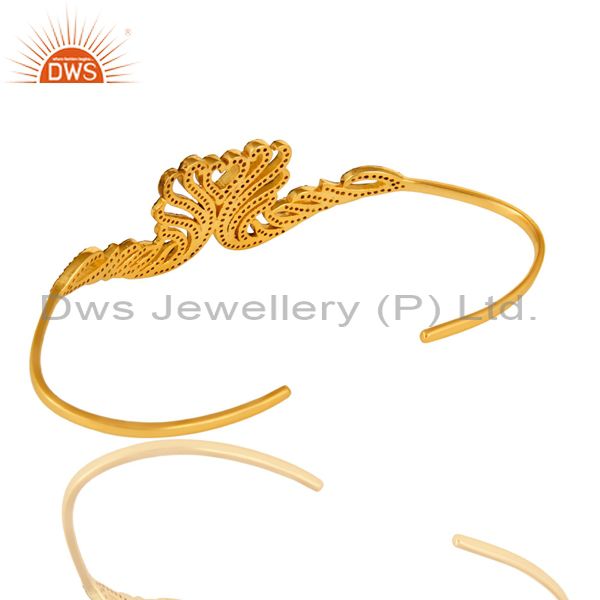 Exporter Pave Set Diamond Heart Design Cuff Bangle Bracelet In 18K Gold Over Silver