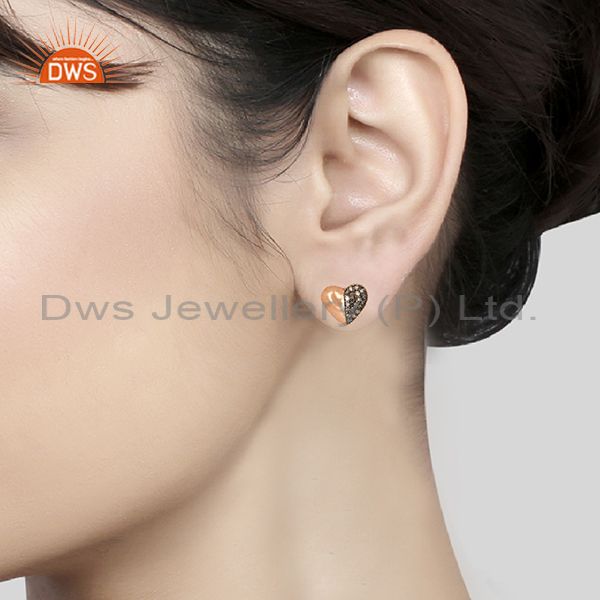 Exporter Pave Diamond Heart Design Rose Gold Plated Silver Stud Earrings