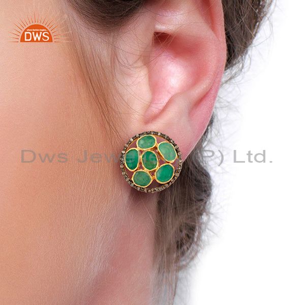 Exporter Genuine Diamond Emerald Studs Solid Gold Earrings Gemstone Jewelry