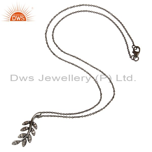 Exporter 925 Sterling Silver Handmade Oxidized Leaf Design Pave Diamond Pendant Jewelry
