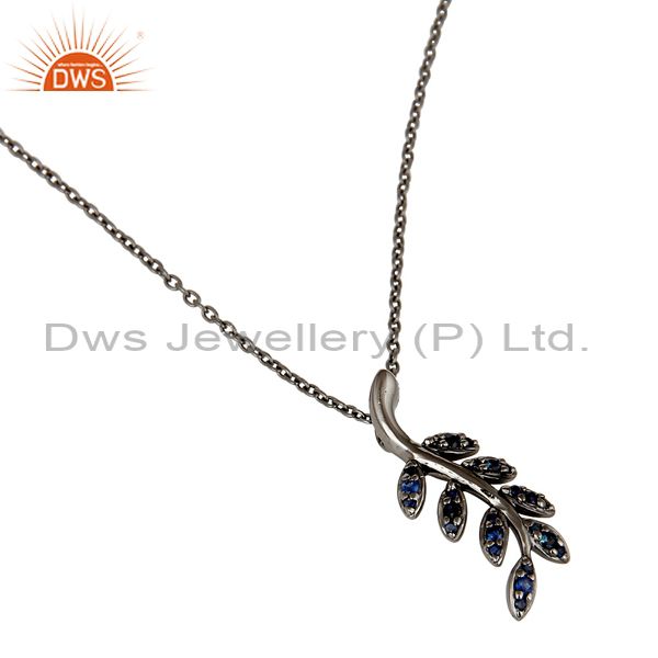 Wholesalers Black Oxidized With Blue Sapphire Leaf Design Sterling Silver Pendant Necklace