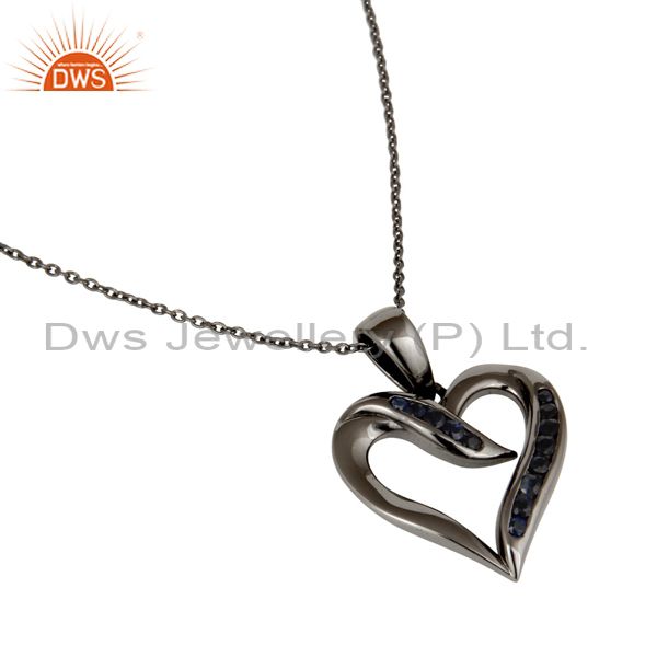 Wholesalers Heart Design Sterling Silver Pendant Necklace With Oxidized and Blue Sapphire