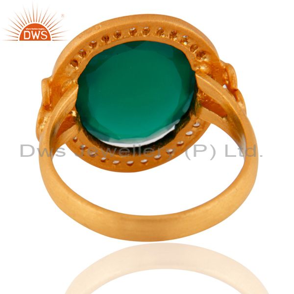 Wholesalers 18K Gold Plated Sterling Silver Prong Set Green Onyx Ring With CZ