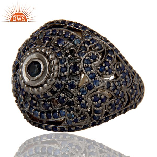 Wholesalers Pave Setting Blue Sapphire Victorian Estate Style Gemstone Silver Ring