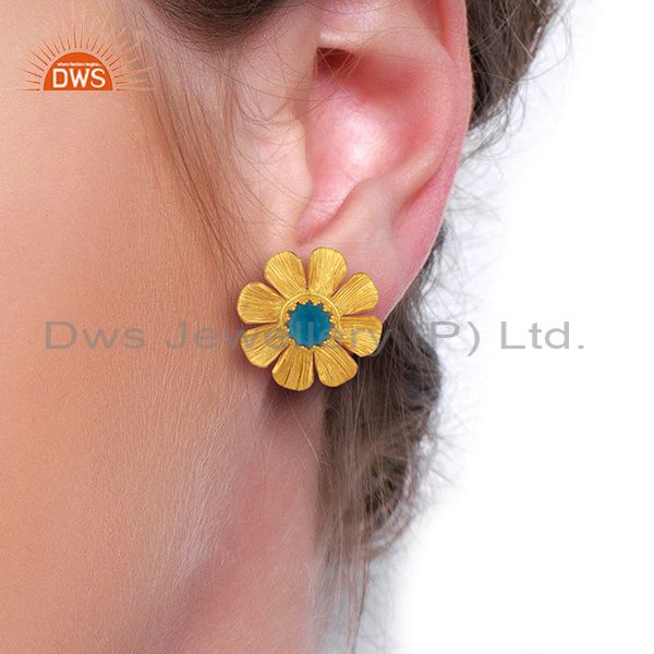 Exporter Blue Chalcedony Stud 18K Yellow Gold Plated Brass Earrings Jewelry