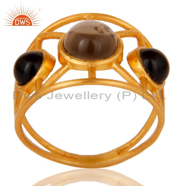 18K Gold Plated Traditional Brass Ring With Smokey Topaz