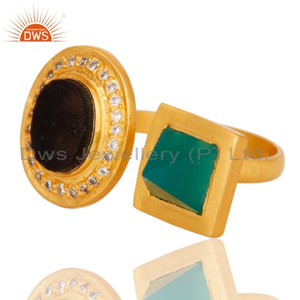 Wholesalers Green Onyx, White Zircon & Smokey Rough with 18k Gold Plated Brass Ring