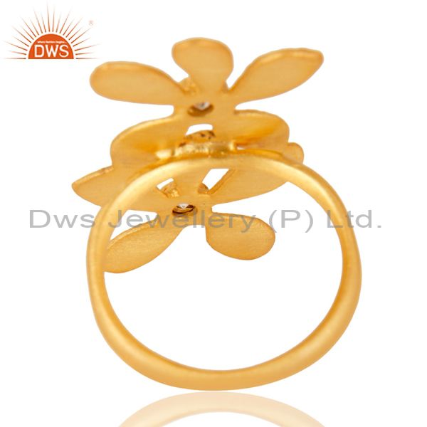Exporter 18k Yellow Gold Plated Handmade Double Flower Design White Zircon Brass Ring