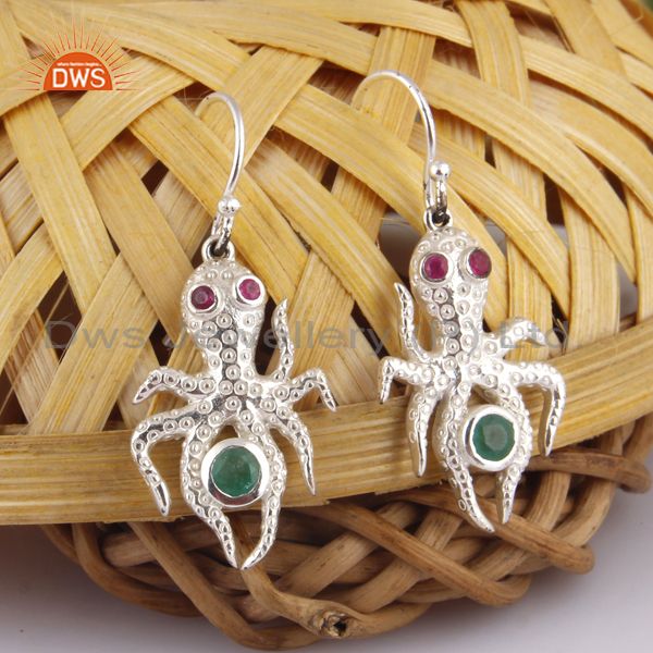 Exporter Designer Sterling Silver Ruby And Emerald Gemstone Octopus Dangle Earrings