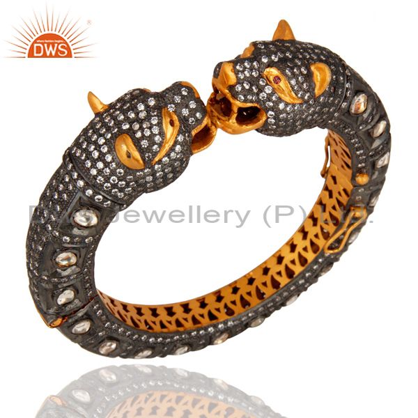 Antique style 925 silver 14k yellow gold white zircon panther bangle Exporter