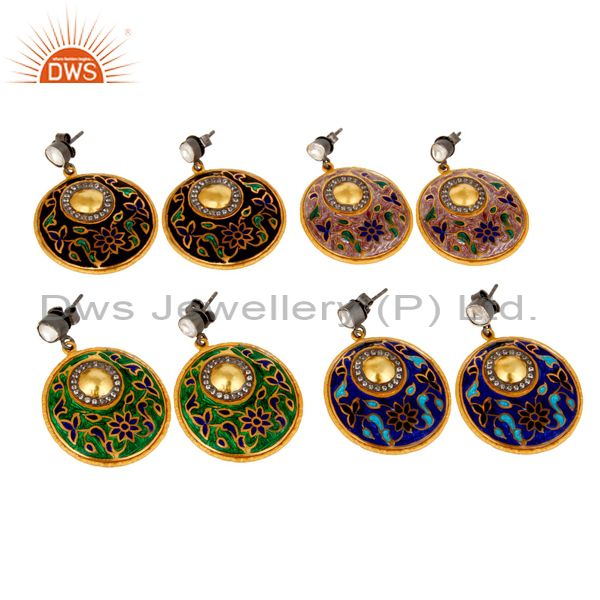 Exporter 22K Yellow Gold Plated Sterling Silver CZ Polki And Enamel Design Dangle Earring