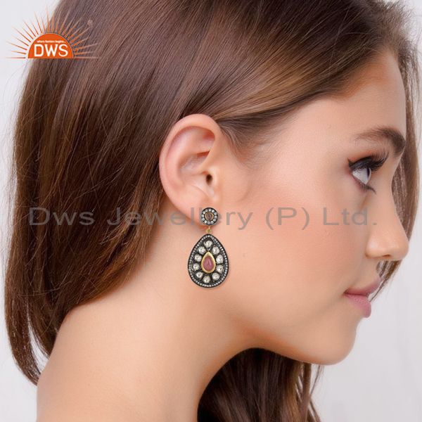 Traditional design gold on silver 925 pink tourmaline earring
