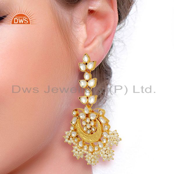 Exporter Indian Traditional Kundan Polki Sterling Silver Gold Plated Chandelier Earring