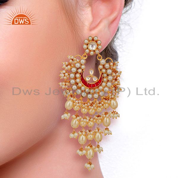 Wholesalers Kundan Polki With Pearl 925 Sterling Silver Gold Plated Chand Bali Earrings