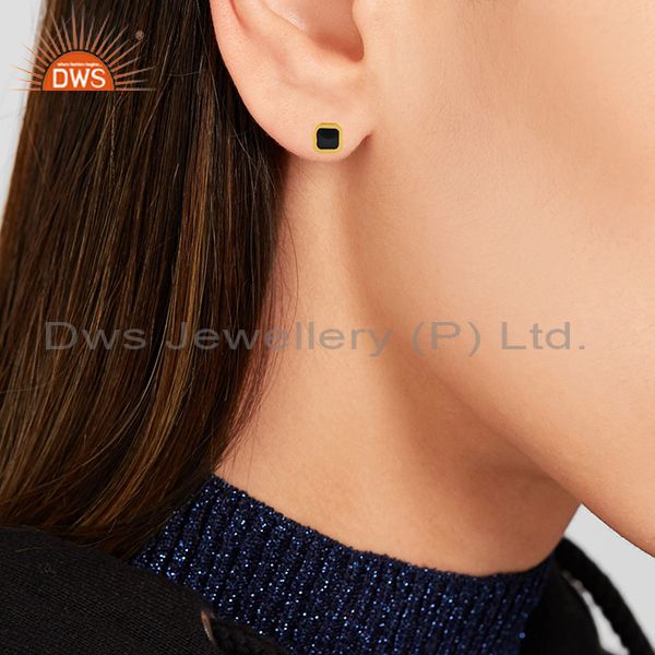 Exporter Black Enamel Designer 18k Gold Plated 925 Silver Stud Earrings Jewelry